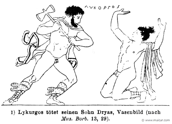 RII.2-2195.jpg - RII.2-2195: Lycurgus, driven mad by Dionysus, kills his son Dryas.Wilhelm Heinrich Roscher (Göttingen, 1845- Dresden, 1923), Ausfürliches Lexikon der griechisches und römisches Mythologie, 1884.