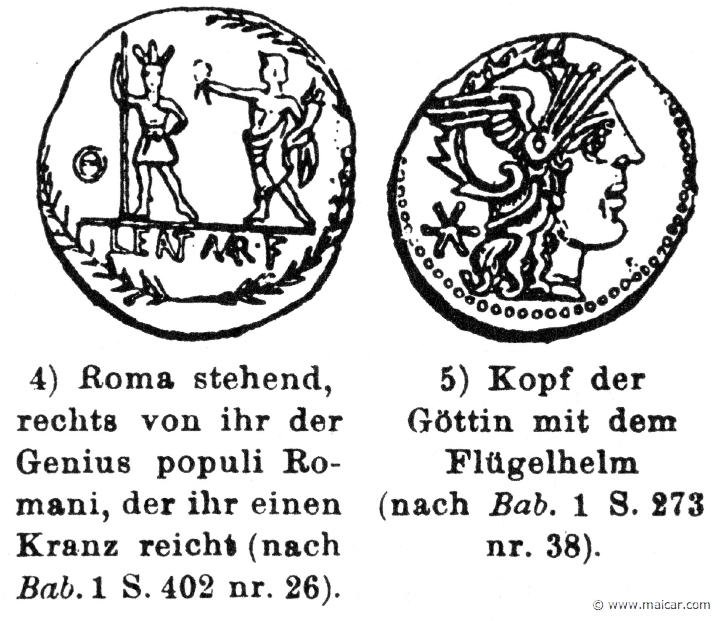 RIV-0146b.jpg - RIV-0146b: Roma and the genius of the Roman people. Right: Head of Roma with a winged helmet.Wilhelm Heinrich Roscher (Göttingen, 1845- Dresden, 1923), Ausfürliches Lexikon der griechisches und römisches Mythologie, 1884.