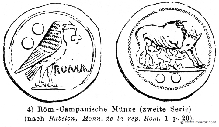 RIV-0206.jpg - RIV-0206: Coin from Campania with the she-wolf nursing the twins Romulus and Remus.Wilhelm Heinrich Roscher (Göttingen, 1845- Dresden, 1923), Ausfürliches Lexikon der griechisches und römisches Mythologie, 1884.