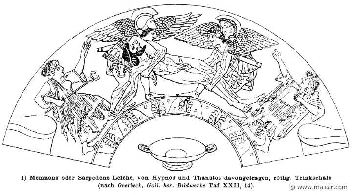 RIV-0410.jpg - RIV-0410: The body of Memnon (or Sarpedon) being carried away by Hypnos and Thanatos. Drinking cup.Wilhelm Heinrich Roscher (Göttingen, 1845- Dresden, 1923), Ausfürliches Lexikon der griechisches und römisches Mythologie, 1884.