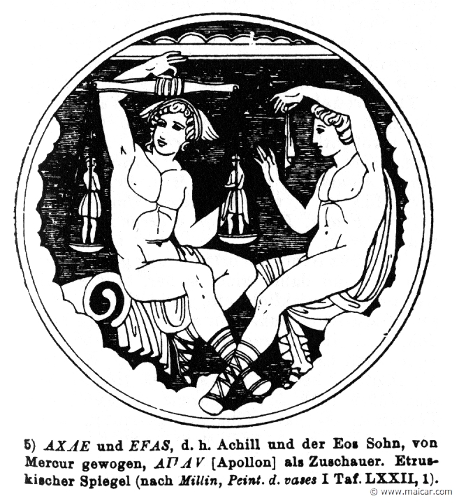 RV-0797.jpg - RV-0797: Hermes weighing the souls of Achilles and Memnon, and Apollo watching.Wilhelm Heinrich Roscher (Göttingen, 1845- Dresden, 1923), Ausfürliches Lexikon der griechisches und römisches Mythologie, 1884.