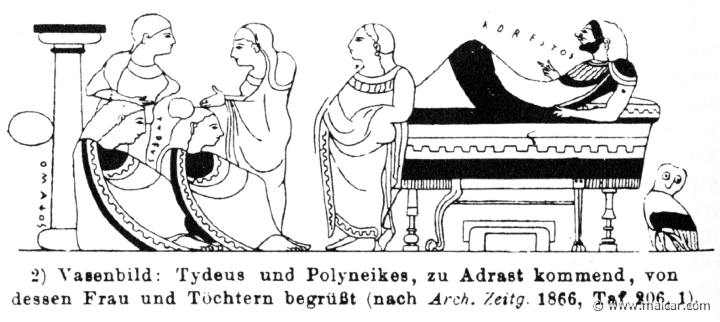 RV-1400.jpg - RV-1400: Adrastus is seen lying to the right. In the middle, his wife. Behind his daughters stand Tydeus (left) and Polynices..Wilhelm Heinrich Roscher (Göttingen, 1845- Dresden, 1923), Ausfürliches Lexikon der griechisches und römisches Mythologie, 1884.