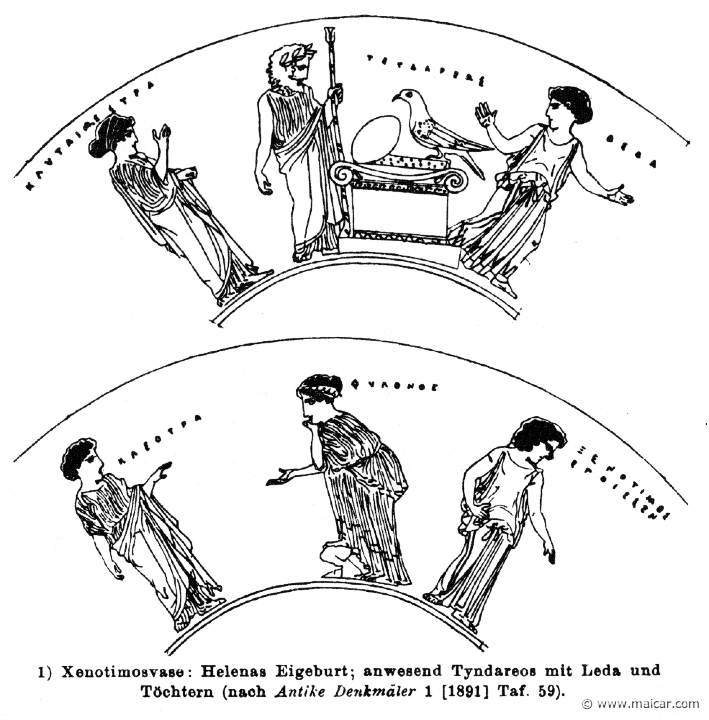 RV-1417.jpg - RV-1417: Tyndareus (above) between Clytaemnestra and Leda. Below (middle) is Phylonoe, Tyndareu's daughter.Wilhelm Heinrich Roscher (Göttingen, 1845- Dresden, 1923), Ausfürliches Lexikon der griechisches und römisches Mythologie, 1884.