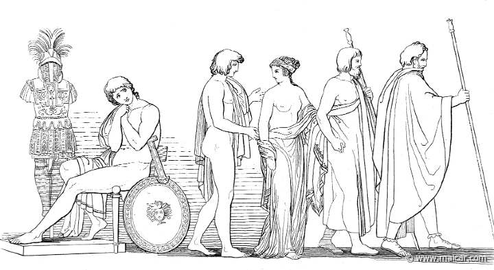 il023flax.jpg - il023flax: "Patroclus obeyed his dear comrade, and led forth from the hut the fair-cheeked Briseis, and gave her to them to lead away." (Hom.Il.1.345). John Flaxman (1755 – 1826).