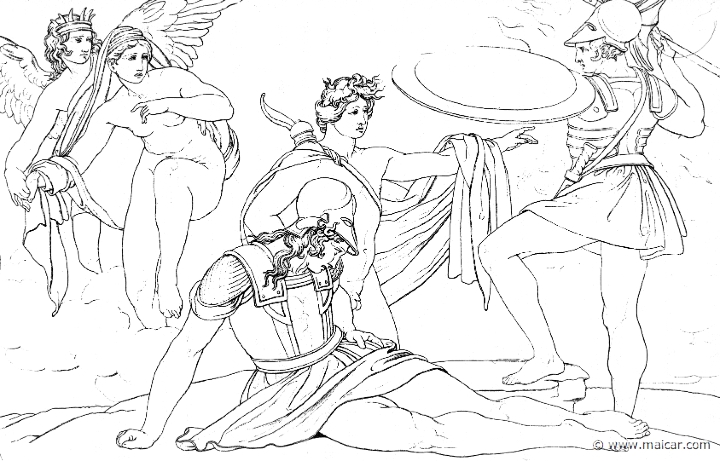 il090gen.jpg - il090gen: "Then Pandarus fell from out the car, and his armour all bright and flashing clanged upon him, and the swift-footed horses swerved aside; and there his spirit and his strength were undone. But Aeneas leapt down with shield and long spear, seized with fear lest perchance the Achaeans might drag from him the dead man.  Over him he strode like a lion confident in his strength, and before him he held his spear and his shield that was well balanced on every side, eager to slay the man whosoever should come to seize the corpse, and crying a terrible cry." (Hom.Il.5.295). Bonaventura Genelli (1798 – 1868).