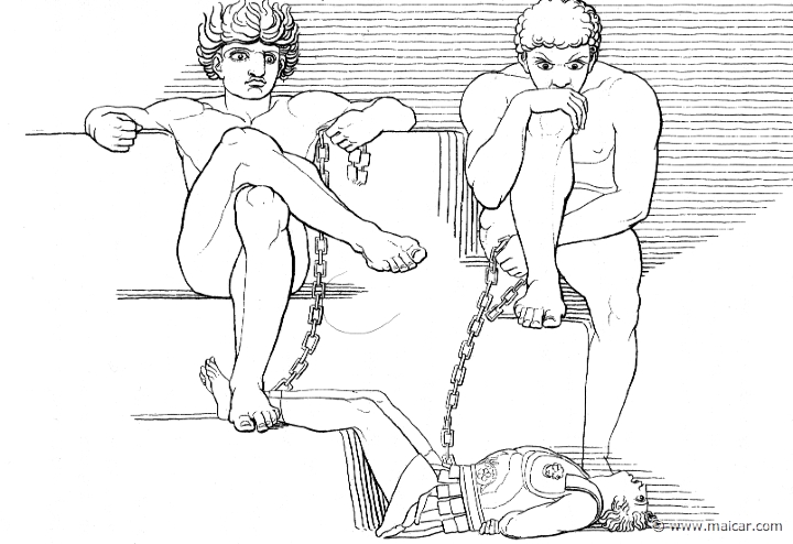 il103flax.jpg - il103flax: "So suffered Ares, when Otus and mighty Ephialtes, the sons of Aloeus, bound him in cruel bonds, and in a brazen jar he lay bound for thirteen months." (Hom.Il.5.385). John Flaxman (1755 – 1826).