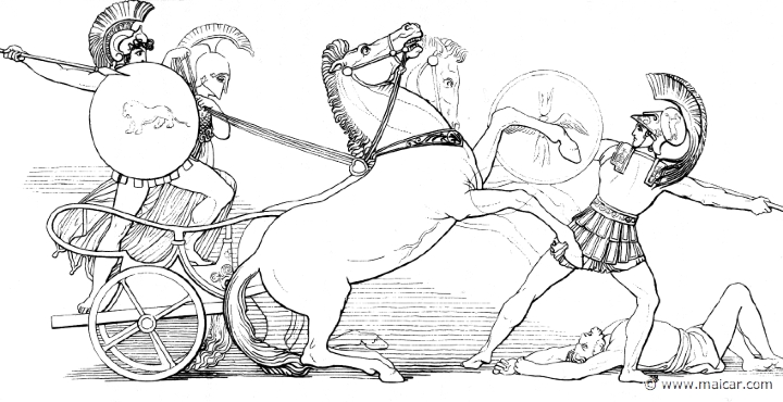 il123flax.jpg - il123flax: "Diomedes, good at the war-cry, threw at Ares his spear of bronze, and Pallas Athene sped it mightily against his nethermost belly ... There did he thrust and smite him, rending the fair flesh, and forth he drew the spear again. Then brazen Ares bellowed loud as nine thousand warriors or ten thousand cry in battle ..." (Hom.Il.5.855). John Flaxman (1755 – 1826).