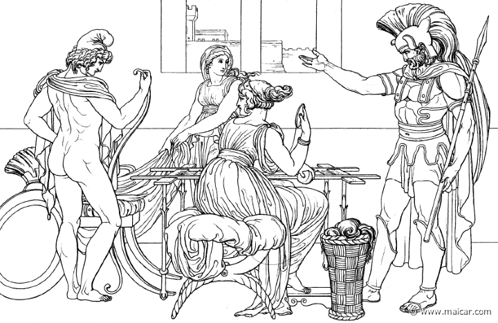 il131gen.jpg - il131gen: "There entered in Hector, dear to Zeus, and in his hand he held a spear of eleven cubits, and before him blazed the spear-point of bronze, around which ran a ring of gold. He found Paris in his chamber busied with his beauteous arms, his shield and his corselet, and handling his curved bow;  and Argive Helen sat amid her serving-women and appointed to them their glorious handiwork." (Hom.Il.6.319). Bonaventura Genelli (1798 – 1868).