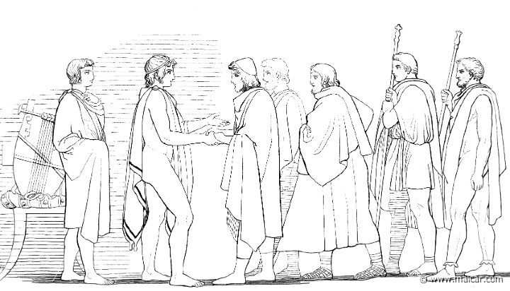 il171flax.jpg - il171flax: Most glorious son of Atreus, Agamemnon, king of men, the gifts that you offer the prince Achilles may no man any more condemn. Come, therefore, let us send forth chosen men to go forthwith to the hut of Peleus' son, Achilles ... First of all let Phoenix, dear to Zeus, lead the way, and after him great Aias and goodly Odysseus; and of the heralds let Odius and Eurybates attend them. (Hom.Il.9.164). John Flaxman (1755 – 1826).