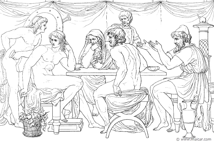 il179gen.jpg - il179gen: "Odysseus filled a cup with wine and pledged Achilles: 'Hail, O Achilles, of the equal feast have we no stinting, either in the hut of Agamemnon, son of Atreus, or now in thine; for here is abundance that satisfies the heart to feast withal. Yet matters of the delicious feast are not in our thoughts, nay, Zeus-nurtured one, it is utter ruin that we behold, and are afraid.'" (Hom.Il.9.225). Bonaventura Genelli (1798 – 1868).