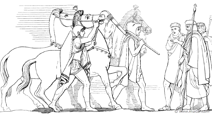 il203flax.jpg - il203flax: "And the horseman, Nestor of Gerenia, was first to question them: 'Come tell me now, Odysseus, greatly to be praised, great glory of the Achaeans, how you both took these horses.  Was it by entering the throng of the Trojans? Or did some god that met you give you them? Wondrous like are they to rays of the sun.'" (Hom.Il.10.545). John Flaxman (1755 – 1826).