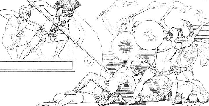 il283flax.jpg - il283flax: "Ajax kept faring with long strides up and down the decks of the ships, and he wielded in his hands a long pike for sea-fighting." (Hom.Il.15.675). John Flaxman (1755 – 1826).