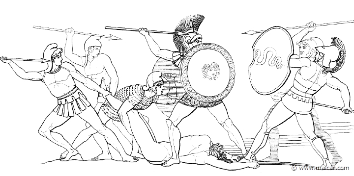 il311flax.jpg - il311flax: "But Aias covered Patroclus round about with his broad shield, and stood as a lion over his whelps ... and hard by him stood Menelaus." (Hom.Il.17.130). John Flaxman (1755 – 1826).