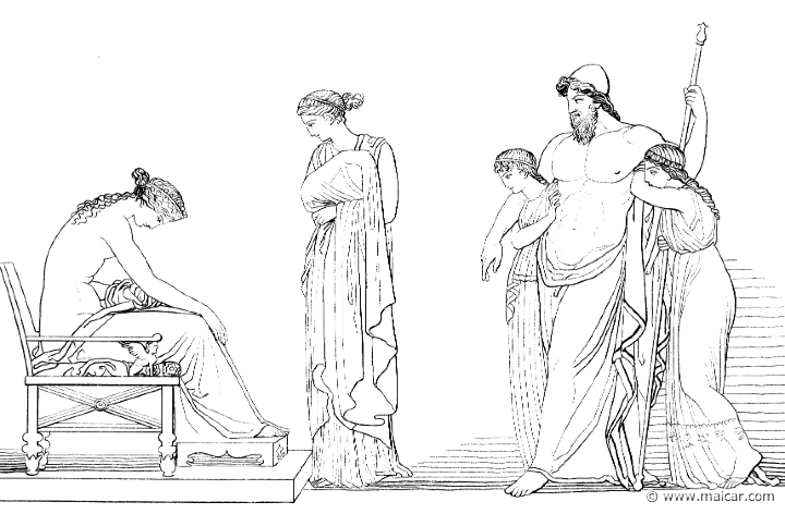 il343flax.jpg - il343flax: "Hephaestus grasped a stout staff, and went forth halting; but there moved swiftly to support their lord handmaidens wrought of gold in the semblance of living maids." (Hom.Il.18.415). John Flaxman (1755 – 1826).