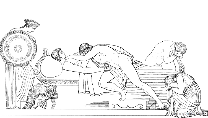 il347flax.jpg - il347flax: "And Thetis found her dear son as he lay, clasping Patroclus, and wailing aloud; and in throngs round about him his comrades were weeping." (Hom.Il.19.5). John Flaxman (1755 – 1826).