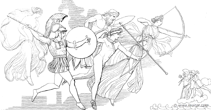 il359flax.jpg - il359flax: "And the gods went their way into the battle, being divided in counsel: Hera gat her to the gathering of the ships, and with her Pallas Athene, and Poseidon, the Shaker of Earth, and the helper Hermes, that was beyond all in the cunning of his mind; and together with these went Hephaestus, exulting in his might, halting, but beneath him his slender legs moved nimbly; but unto the Trojans went Ares, of the flashing helm, and with him Phoebus, of the unshorn locks, and Artemis, the archer, and Leto and Xanthus and laughter-loving Aphrodite." (Hom.Il.20.31). John Flaxman (1755 – 1826).