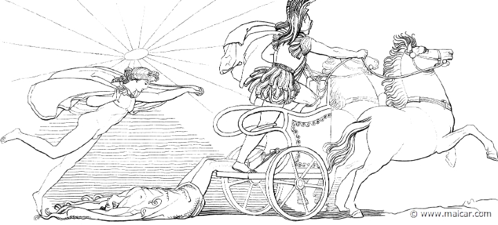 il439flax.jpg - il439flax: "Neither would he fail to mark the Dawn, as she shone over the sea and the sea-beaches, but would yoke beneath the car his swift horses, and bind Hector behind the chariot to drag him withal; and when he had haled him thrice about the barrow of the dead Patroclus, he would rest again in his hut, but would leave Hector outstretched on his face in the dust. But Apollo kept all defacement from his flesh, pitying the warrior even in death, and with the golden aegis he covered him wholly, that Achilles might not tear his body as he dragged him." (Hom.Il.24.15. John Flaxman (1755 – 1826).