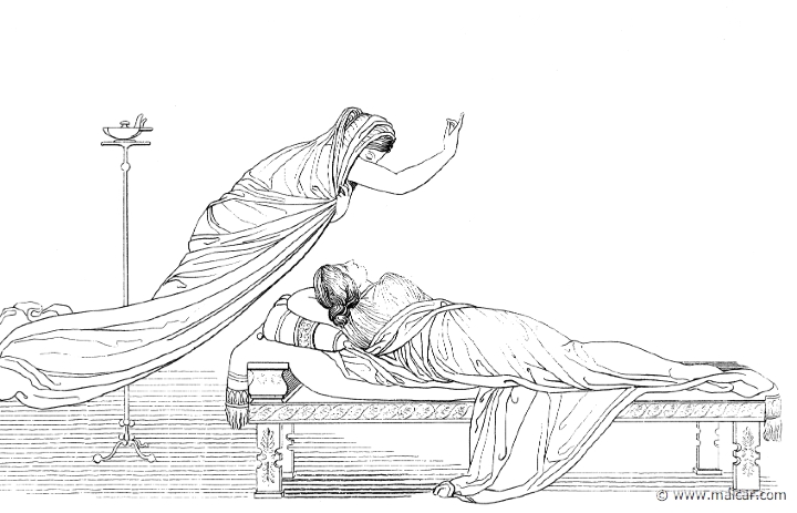 od091flax.jpg - od091flax: "Then the goddess, flashing-eyed Athena, took other counsel. She made a phantom, and likened it in form to a woman, Iphthime, daughter of great-hearted Icarius, whom Eumelus wedded, whose home was in Pherae. And she sent it to the house of divine Odysseus, to Penelope in the midst of her wailing and lamenting, to bid her cease from weeping and tearful lamentation." (Hom.Od.4.795). John Flaxman (1755 – 1826).