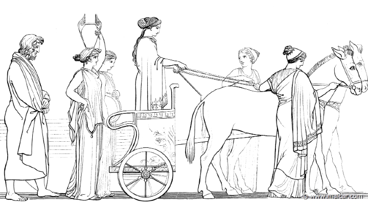 od131flax.jpg - od131flax: "The white-armed Nausicaa folded the raiment and put it in the fair wagon, and yoked the stout-hoofed mules, and mounted the car herself." Hom.Od.6.251). John Flaxman (1755 – 1826).