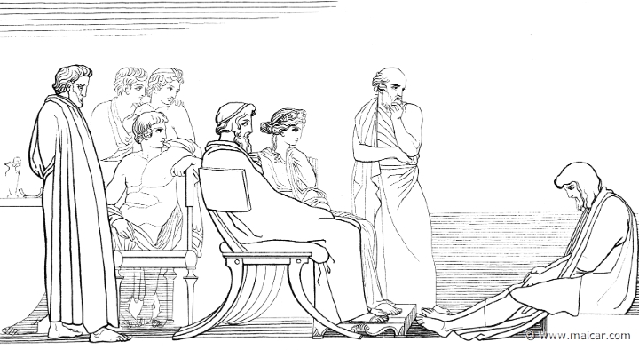 od147flax.jpg - od147flax: "Odysseus sat down on the hearth in the ashes by the fire, and they were all hushed in silence." (Hom.Od.7.153). John Flaxman (1755 – 1826).