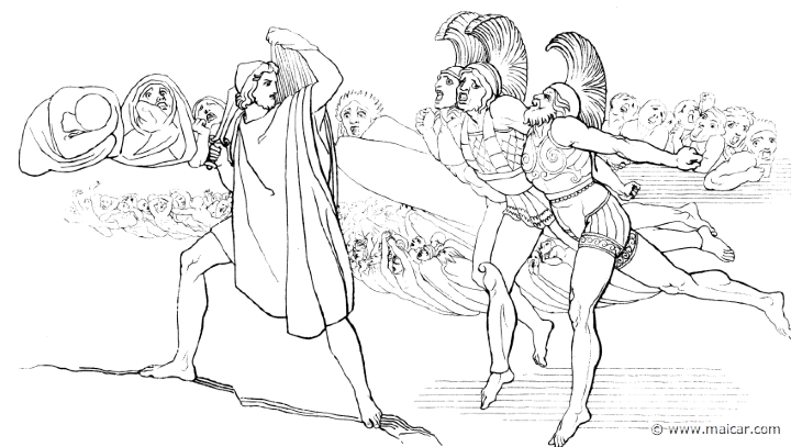 od235flax.jpg - od235flax: "I abode there steadfastly, in the hope that some other haply might still come forth of the warrior heroes who died in the days of old. And I should have seen yet others of the men of former time, whom I was fain to behold, even Theseus and Pirithous, glorious children of the gods, but before that the myriad tribes of the dead came thronging up with a wondrous cry, and pale fear seized me, lest august Persephone might send forth upon me from out the house of Hades the head of the Gorgon, that awful monster." (Hom.Od.11.627). John Flaxman (1755 – 1826).