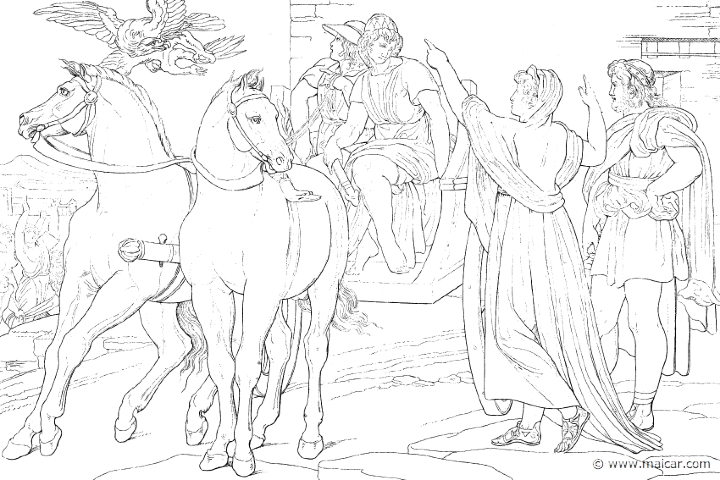 od297gen.jpg - od297gen: "Even as he spoke a bird flew by on the right, an eagle, bearing in his talons a great, white goose, a tame fowl from the yard, and men and women followed shouting. But the eagle drew near to them, and darted off to the right in front of the horses." (Hom. Od.15.160). Bonaventura Genelli (1798 – 1868).