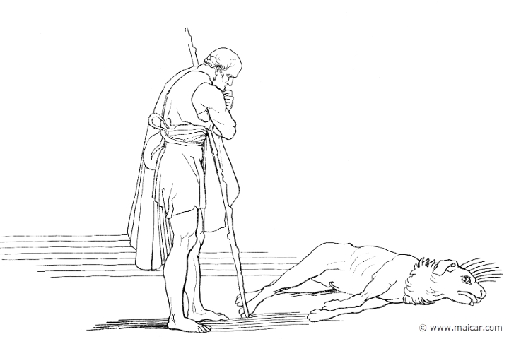 od343flax.jpg - od343flax: "There lay the hound Argos, full of vermin; yet even now, when he marked Odysseus standing near, he wagged his tail and dropped both his ears, but nearer to his master he had no longer strength to move." (Hom.Od.17.300). John Flaxman (1755 – 1826).