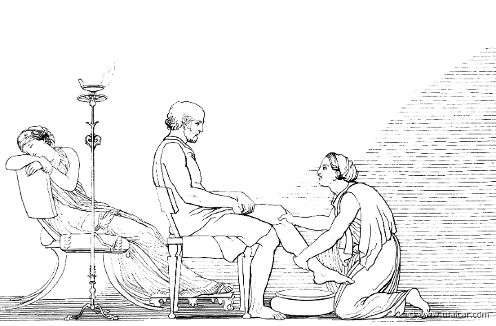 od379flax.jpg - od379flax: "So Euryclia drew near and began to wash Odysseus, and straightway knew the scar of the wound which long ago a boar had dealt him with his white tusk, when Odysseus had gone to Parnassus to visit Autolycus." (Hom.Od.19.392). John Flaxman (1755 – 1826).