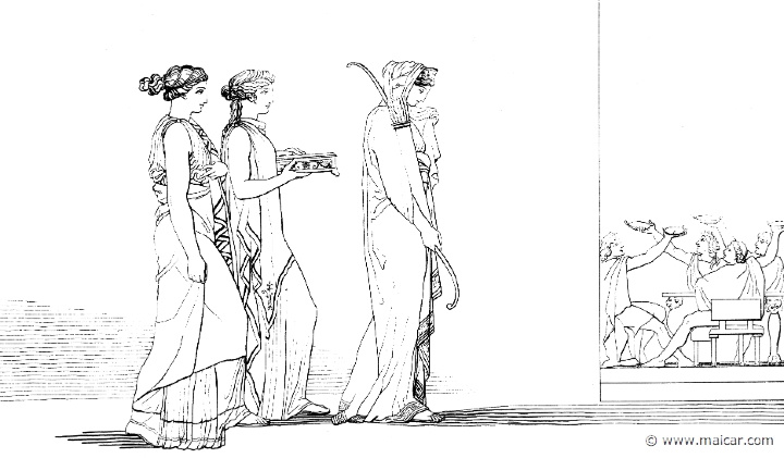 od407flax.jpg - od407flax: "But when she had had her fill of tearful wailing, she went her way to the hall, to the company of the lordly wooers, bearing in her hands the back-bent bow and the quiver that held the arrows, and many arrows were in it, fraught with groanings. And by her side her maidens bore a chest, wherein lay abundance of iron and bronze, the battle-gear of her lord." (Hom.Od.21.57). John Flaxman (1755 – 1826).