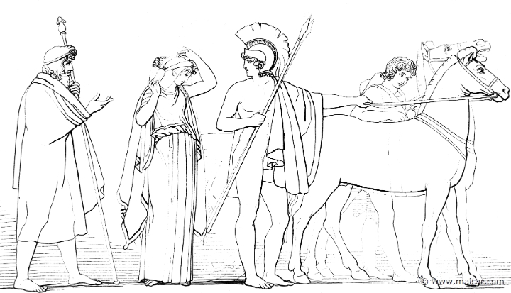 od451flax.jpg - od451flax: "Wife, by now have we had our fill of many trials, you and I, you here, mourning over my troublous journey home, while as for me, Zeus and the other gods bound me fast in sorrows far from my native land, all eager as I was to return. But now that we have both come to the couch of our desire, care for the wealth that I have within the halls; as for the flocks which the insolent wooers have wasted, I shall myself get me many as booty, and others will the Achaeans give, until they fill all my folds; but I verily will go to my well-wooded farm to see my noble father, who for my sake is sore distressed, and on you, wife, do I lay this charge, wise though you are. Straightway at the rising of the sun will report go abroad concerning the wooers whom I slew in the halls. Therefore go up to your upper chamber with your handmaids, and abide there. Look on no man, nor ask a question.” (Hom.Od.23.350. John Flaxman (1755 – 1826).