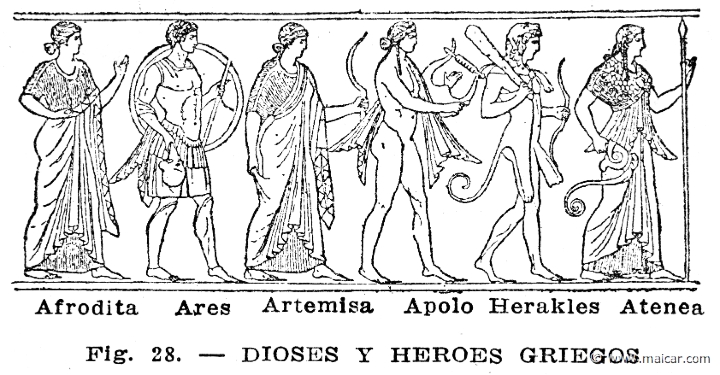 secco054.jpg - secco054: Dioses y héroes griegos. Afrodita, Ares, Artemisa, Apolo, Herakles, Atenea. Info n/a. Oscar Secco Ellauri, Pedro Daniel Baridón, Historia de los Griegos (CADEC, Montevideo).