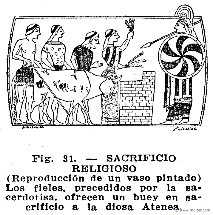 secco062.jpg - secco062: Sacrificio religioso. Reproducción de un vaso pintado. Los fieles, precedidos por la sacerdotisa, ofrecen un buey en sacrificio a la diosa Atenea. Info n/a. Oscar Secco Ellauri, Pedro Daniel Baridón, Historia de los Griegos (CADEC, Montevideo).