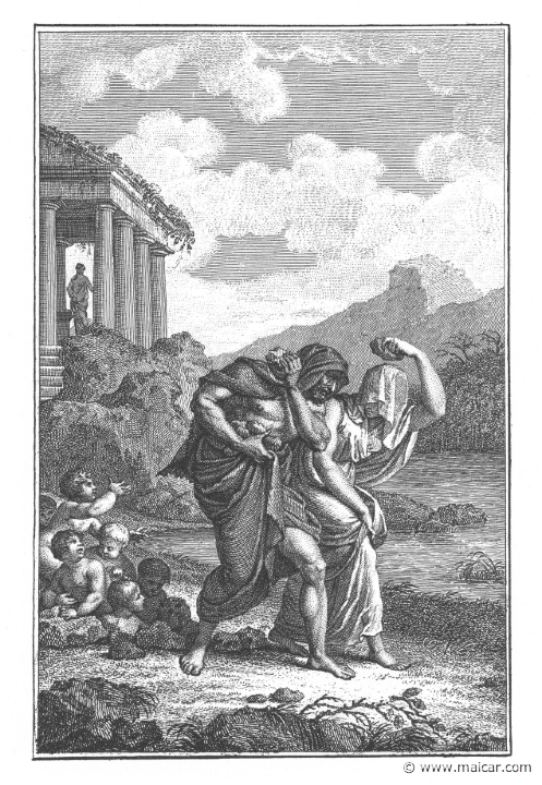 villenave01025.jpg - 01025: Deucalion and Pyrrha. "They go down, beil their heads, ungird their robes, and throw stones behind them just as the goddess had bidden." (Ov.Met.1.398).Guillaume T. de Villenave, Les Métamorphoses  d'Ovide (Paris, Didot 1806–07). Engravings after originals by Jean-Jacques François Le Barbier (1739–1826), Nicolas André Monsiau (1754–1837), and Jean-Michel Moreau (1741–1814).