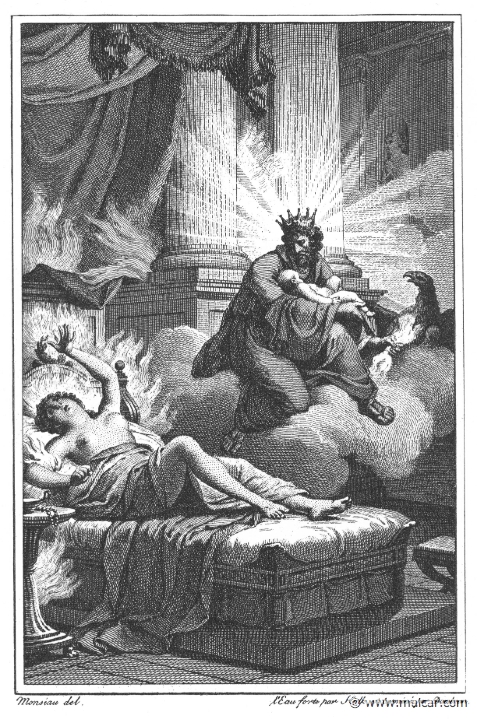 villenave01097.jpg - 01097: Zeus and Semele. "The babe still not wholly fashioned is snatched from the mother's womb and sewed up in his father's thigh." (Ov. Met. 3.310).Guillaume T. de Villenave, Les Métamorphoses  d'Ovide (Paris, Didot 1806–07). Engravings after originals by Jean-Jacques François Le Barbier (1739–1826), Nicolas André Monsiau (1754–1837), and Jean-Michel Moreau (1741–1814).