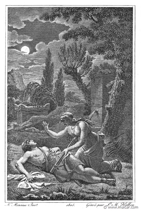 villenave01121.jpg - 01121: Pyramus and Thisbe. "I will follow you in death, and men shall say that I was the most wretched cause and comrade of your fate. Whom death alone had power to part from me, not even death shall have power to part from me." (Ov. Met. 4.152).Guillaume T. de Villenave, Les Métamorphoses  d'Ovide (Paris, Didot 1806–07). Engravings after originals by Jean-Jacques François Le Barbier (1739–1826), Nicolas André Monsiau (1754–1837), and Jean-Michel Moreau (1741–1814).