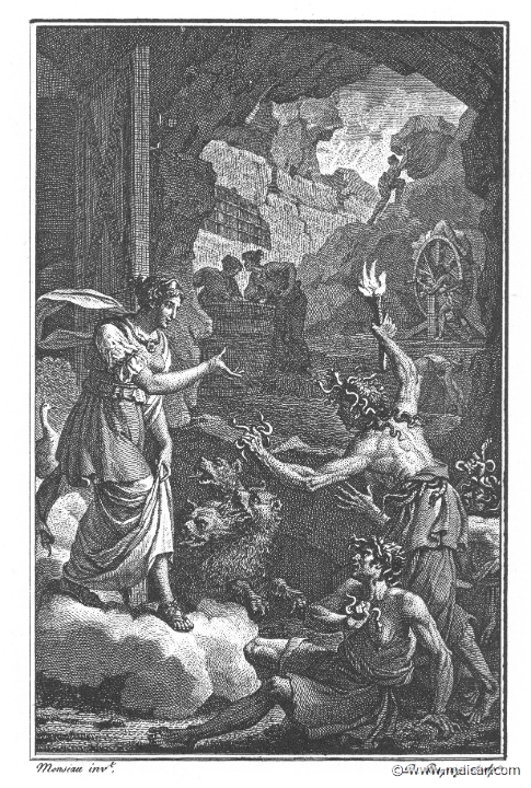 villenave01137.jpg - 01137: Hera and Tisiphone. "When Juno had spoken, Tisiphone, just as she was, shook her tangled grey locks, tossed back the straggling snakes from her face..." (Ov. Met. 4.473).Guillaume T. de Villenave, Les Métamorphoses  d'Ovide (Paris, Didot 1806–07). Engravings after originals by Jean-Jacques François Le Barbier (1739–1826), Nicolas André Monsiau (1754–1837), and Jean-Michel Moreau (1741–1814).