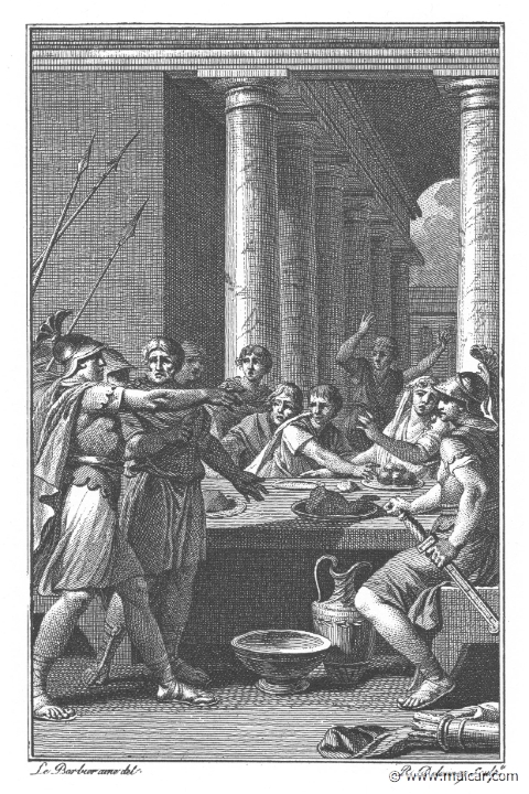 villenave01153.jpg - 01153: Perseus and Phineus. "First among them is Phineus, brother of the king, rash instigator of strife, who brandishes an ashen spear with bronze point." (Ov. Met. 5.8).Guillaume T. de Villenave, Les Métamorphoses  d'Ovide (Paris, Didot 1806–07). Engravings after originals by Jean-Jacques François Le Barbier (1739–1826), Nicolas André Monsiau (1754–1837), and Jean-Michel Moreau (1741–1814).