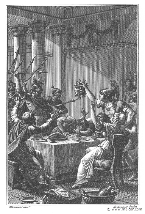 villenave01161.jpg - 01161: Perseus and Phineus. "'Turn away your faces, if any friend be here.' So saying, he raised on high the Gorgon's head." (Ov. Met. 5.178).Guillaume T. de Villenave, Les Métamorphoses  d'Ovide (Paris, Didot 1806–07). Engravings after originals by Jean-Jacques François Le Barbier (1739–1826), Nicolas André Monsiau (1754–1837), and Jean-Michel Moreau (1741–1814).