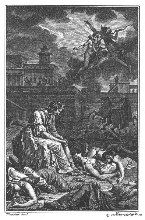 villenave01193.jpg - 01193: Death of the Niobids. "Now does the childless mother sit down amid the lifeless bodies of her sons, her daughters, and her husband, in stony grief." (Ov. Met. 6.301).Guillaume T. de Villenave, Les Métamorphoses  d'Ovide (Paris, Didot 1806–07). Engravings after originals by Jean-Jacques François Le Barbier (1739–1826), Nicolas André Monsiau (1754–1837), and Jean-Michel Moreau (1741–1814).