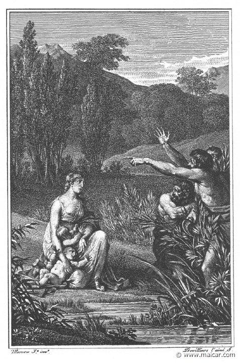 villenave01201.jpg - 01201: Leto and the Lycian peasants. "Latona came to the water's edge and kneeled on the ground to quench her thirst with a cooling draught. But the rustic rabble would not let her drink." (Ov. Met. 6.346).Guillaume T. de Villenave, Les Métamorphoses  d'Ovide (Paris, Didot 1806–07). Engravings after originals by Jean-Jacques François Le Barbier (1739–1826), Nicolas André Monsiau (1754–1837), and Jean-Michel Moreau (1741–1814).