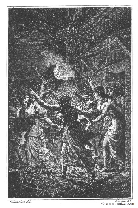 villenave01209.jpg - 01209: Procne and Philomela. "She comes to the secluded lodge at last, shrieks aloud and cries 'Euhoe!' breaks down the doors, seizes her sister, arrays her in the trappings of a Bacchante, hides her face with ivy-leaves, and, dragging her along in amazement, leads her within her own walls." (Ov. Met. 6.596).Guillaume T. de Villenave, Les Métamorphoses  d'Ovide (Paris, Didot 1806–07). Engravings after originals by Jean-Jacques François Le Barbier (1739–1826), Nicolas André Monsiau (1754–1837), and Jean-Michel Moreau (1741–1814).