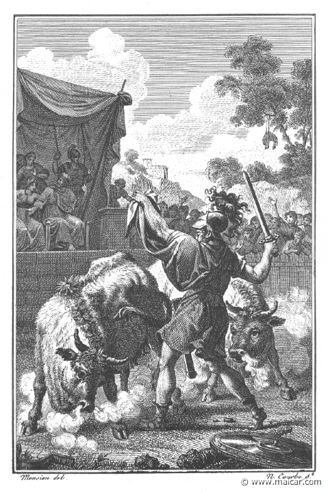 villenave01217.jpg - 01217: Jason and the Bulls of Aeetes. "As he came towards them the fierce beats turned upon him terrible faces and sharp horns tipped with iron." (Ov. Met. 7.111).Guillaume T. de Villenave, Les Métamorphoses  d'Ovide (Paris, Didot 1806–07). Engravings after originals by Jean-Jacques François Le Barbier (1739–1826), Nicolas André Monsiau (1754–1837), and Jean-Michel Moreau (1741–1814).