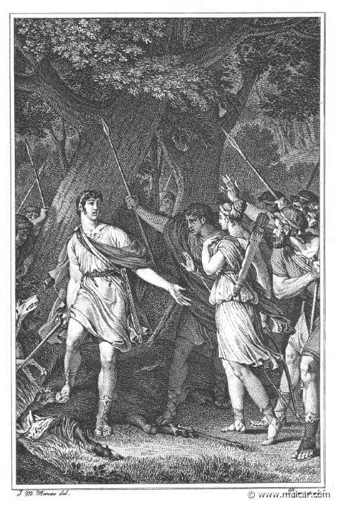 villenave01273.jpg - 01273: Meleager and Atalanta. "Then Meleager, standing with his foot upon that death-dealing head, spoke thus to Atalanta: 'Take thou the prize that is of my right, O fair Arcadian, and let my glory be shared with thee.'" (Ov. Met. 8.425).Guillaume T. de Villenave, Les Métamorphoses  d'Ovide (Paris, Didot 1806–07). Engravings after originals by Jean-Jacques François Le Barbier (1739–1826), Nicolas André Monsiau (1754–1837), and Jean-Michel Moreau (1741–1814).