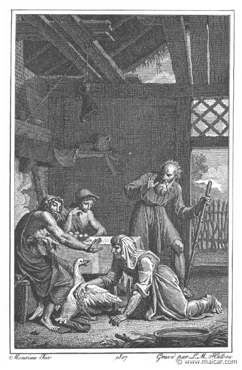 villenave01289.jpg - 01289: Philemon and Baucis. "They had one goose, the guardian of their tiny estate; and him the hosts were preparing to kill for their divine guests." (Ov. Met. 8.684).Guillaume T. de Villenave, Les Métamorphoses  d'Ovide (Paris, Didot 1806–07). Engravings after originals by Jean-Jacques François Le Barbier (1739–1826), Nicolas André Monsiau (1754–1837), and Jean-Michel Moreau (1741–1814).