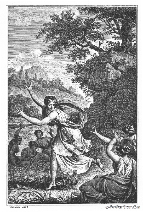 villenave02049.jpg - 02049: Eurydice. "While the bride was strolling through the grass with a group of naiads in attendance, she fell dead, smitten in the ankle by a serpent's tooth." (Ov. Met. 10.9).Guillaume T. de Villenave, Les Métamorphoses  d'Ovide (Paris, Didot 1806–07). Engravings after originals by Jean-Jacques François Le Barbier (1739–1826), Nicolas André Monsiau (1754–1837), and Jean-Michel Moreau (1741–1814).