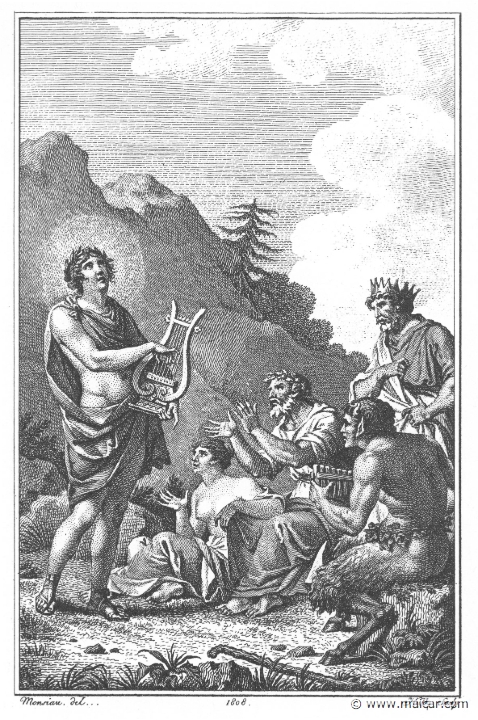 villenave02097.jpg - 02097: Contest between Apollo and Pan. "All approved the judgment of Tmolus. And yet it was challenged and called unjust by Midas' voice alone." (Ov. Met. 11.172).Guillaume T. de Villenave, Les Métamorphoses  d'Ovide (Paris, Didot 1806–07). Engravings after originals by Jean-Jacques François Le Barbier (1739–1826), Nicolas André Monsiau (1754–1837), and Jean-Michel Moreau (1741–1814).