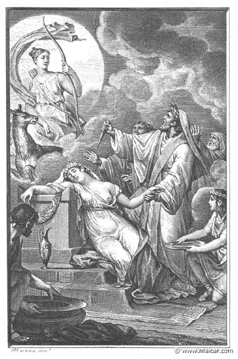 villenave02121.jpg - 02121: Sacrifice of Iphigenia. "Just as Iphigenia was standing before the altar ready to shed her innocent blood, the goddess was moved to pity and spread a cloud before their eyes.." (Ov. Met. 12.30).Guillaume T. de Villenave, Les Métamorphoses  d'Ovide (Paris, Didot 1806–07). Engravings after originals by Jean-Jacques François Le Barbier (1739–1826), Nicolas André Monsiau (1754–1837), and Jean-Michel Moreau (1741–1814).