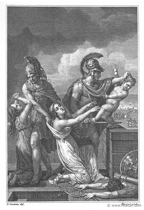 villenave02169.jpg - 02169: Death of Astyanax. "And Astyanax was hurled down from that tower where he was wont often to sit and watch his father." (Ov. Met. 13.415).Guillaume T. de Villenave, Les Métamorphoses  d'Ovide (Paris, Didot 1806–07). Engravings after originals by Jean-Jacques François Le Barbier (1739–1826), Nicolas André Monsiau (1754–1837), and Jean-Michel Moreau (1741–1814).