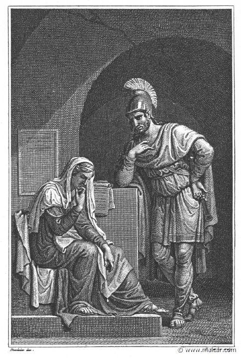 villenave02193.jpg - 02193: Aeneas and the Cumaean Sibyl. "He came upon ... the marshy shores of Cumae, and the grotto of the long-lived sibyl." (Ov. Met. 14.103).Guillaume T. de Villenave, Les Métamorphoses  d'Ovide (Paris, Didot 1806–07). Engravings after originals by Jean-Jacques François Le Barbier (1739–1826), Nicolas André Monsiau (1754–1837), and Jean-Michel Moreau (1741–1814).