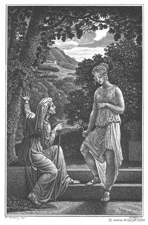 villenave02217.jpg - 02217: Vertumnus and Pomona. "But if that tree stood there unmated to the vine, it would have no value save for its leaves alone." (Ov. Met. 14.663).Guillaume T. de Villenave, Les Métamorphoses  d'Ovide (Paris, Didot 1806–07). Engravings after originals by Jean-Jacques François Le Barbier (1739–1826), Nicolas André Monsiau (1754–1837), and Jean-Michel Moreau (1741–1814).